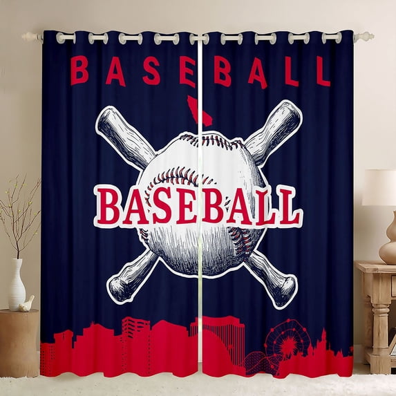 Homewish 3D Baseball Kids Black Out Curtains, Cartoon Ball Game Player Curtains Pack of 2 (42x63 Each), Navy Red Sports Theme Bedroom Curtains, Blackout Curtains Room Decor