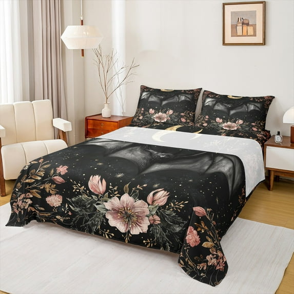 Homewish 4-Piece 3D Black Bat Western Farmhouse Floral King Sheet Set