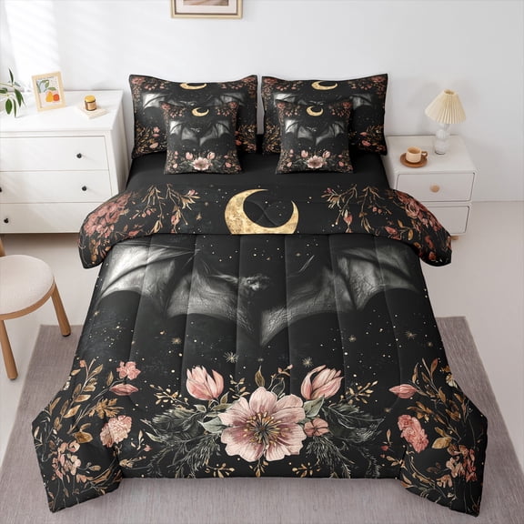 Homewish 3D Black Bat Animal Bedding Comforter Set 7-Piece, Farmhouse Flower Floral King Bedding Sets, Hippie Western Theme Reversible Bed Sheets, Ultra Soft Bedroom Decor