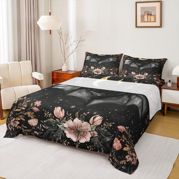 Homewish 3D Black Bat Animal Queen Sheet Sets, Farmhouse Flower Floral Flat Sheet, Hippie Western Theme Queen Fitted Sheet, Ultra Soft Bedroom Decor, 4-Piece