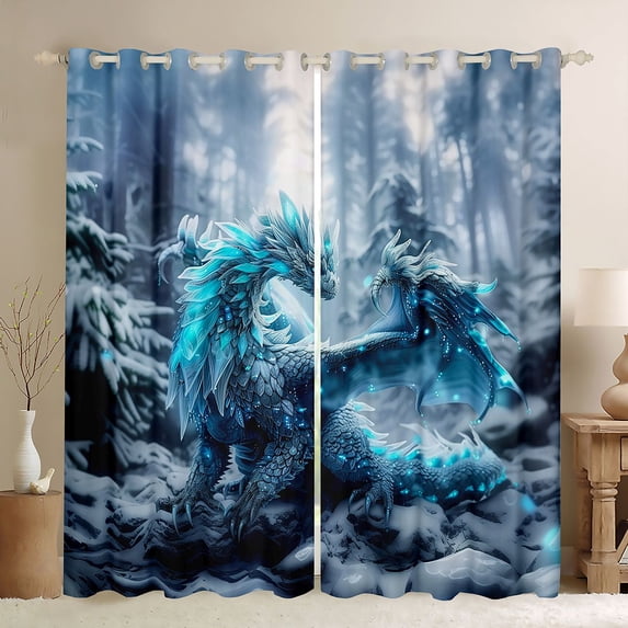 Homewish 3D Blue Dragon Black Out Curtains for Kids, Magic Glitter Animal Curtains Pack of 2 (42x63 Each), Winter Jungle Tree Bedroom Curtains, Living Room Curtains Decor
