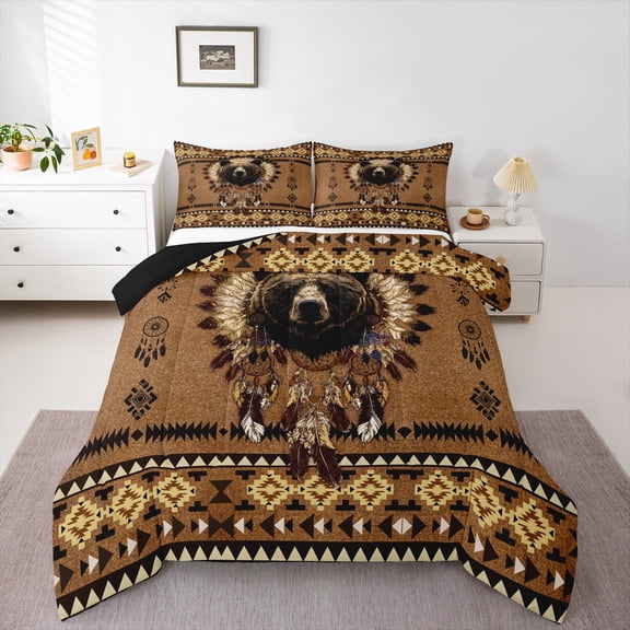 Homewish 3D Brown Bear Queen Comforter Set, Western Tribal Dreamcatcher Bedding Sets, Jungle Wildlife Animal Reversible Bedding Comforter Set, Lightweight Room Decor, 3-Piece
