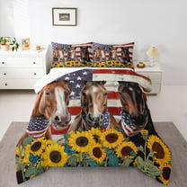 Homewish 3D Brown Horse Bedding Comforter Set, American Flag Print Twin Comforter Sets, Vibrant Rustic Sunflower Reversible Bedding Set, Microfiber Bedroom Decor, 2 Pieces