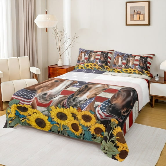 Homewish 3D Brown Horse Twin Sheet Sets, American Flag Print Twin Fitted Sheet, Vibrant Rustic Sunflower Flat Sheet, Microfiber Bedroom Decor, 3 Pieces