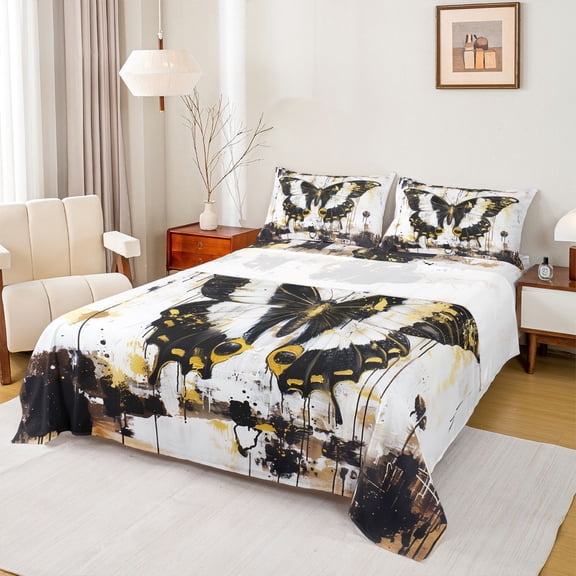 Homewish 3D Butterfly Print Twin Sheet Sets, Fashion Graffiti Watercolor Twin Fitted Sheet, White Black Flat Sheet, Ultra Soft Bedroom Decor, 3 Pieces