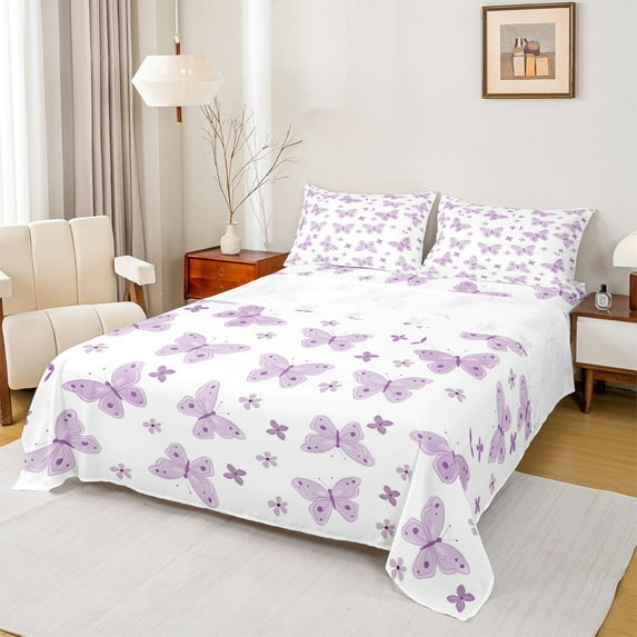 Homewish 3D Butterfly Printed Full Size Sheets,Boho Butterflies Flower Bed Sheets,Purple White Sheet Sets For Girl Kids,Luxury Bedroom Decor,4pcs