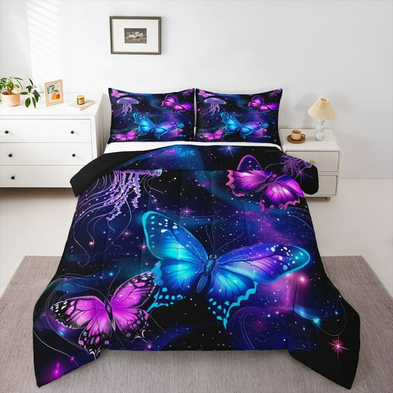 Homewish 3D Butterfly Galaxy Starry Night Pink Black Blue Queen Comforter Set, Reversible Luxury Girls Kids Bedding, 3pcs