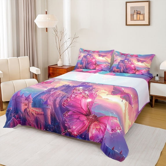 Homewish 3D Butterfly Queen Sheet Set (4-Piece) Princess Castle Pink Blue Decor For Girls
