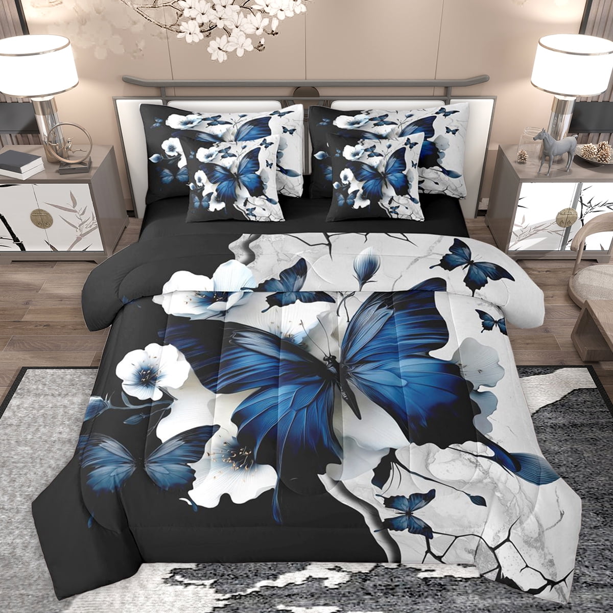Homewish 3D Cartoon Butterflies 7 Pieces Bedding Comforter Set,Retro Rustic Floral Full Bedding Set,Blue White Black Fitted Sheet Flat Sheet For Girls Teens,Breathable Home Decor Reversible