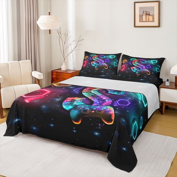 Homewish 3D Cartoon Gamepad Print Bed Sheets,Letter S Printed Full Size Sheets,4pcs,1 Flat Sheet, 1 Fitted Sheet and 2 Pillowcases