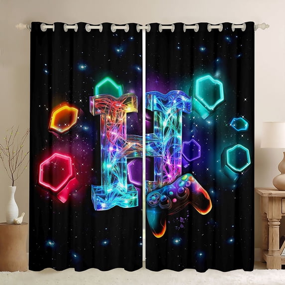 Homewish 3D Cartoon Gamepad Print Blackout Curtains,Geometric Hexagon Curtains Pack of 2 (42x84 Each)
