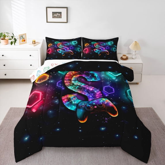 Homewish 3D Cartoon Gamepad Print Queen Comforter Set,Letter S Printed Comforter Sets Queen,Colorful Gamepad Reversible,3-Piece,1 Comforter and 2 Pillowcases