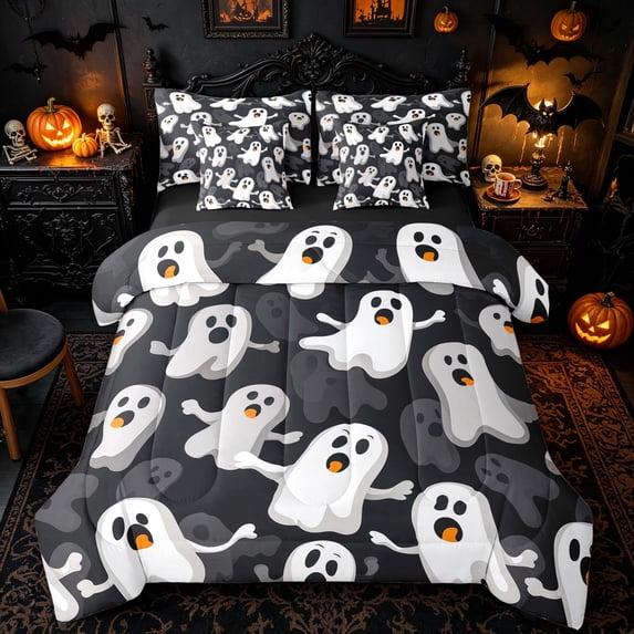 Homewish 3D Cartoon Ghost Twin Bedding for Adults, Black Gray Screaming Halloween Bedding Comforter Set, Black Reversible, 7pcs