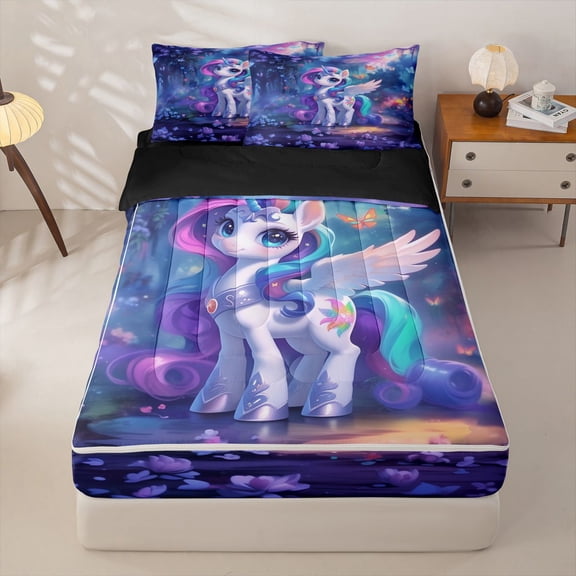 Homewish 3D Cartoon Unicorn Zipper Twin Comforter Sets with Fitted Sheet and 2 Pillowcases For Kids,Cute Magic Animal Zipper Bedding Set,Black Reversible,4-Piece