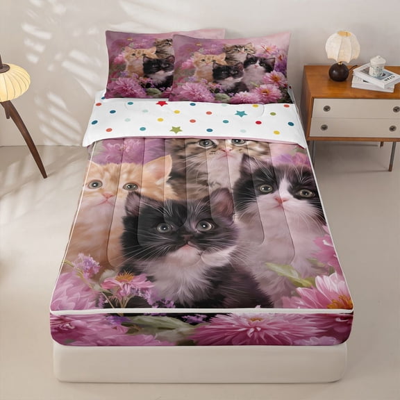 Homewish 3D Cat Print Zipper Full Size Comforter Sets with Fitted Sheet and 2 Pillowcases for Kids, Pink Flower Floral Zipper Bedding Set, Polka Dots Reversible, 4pcs