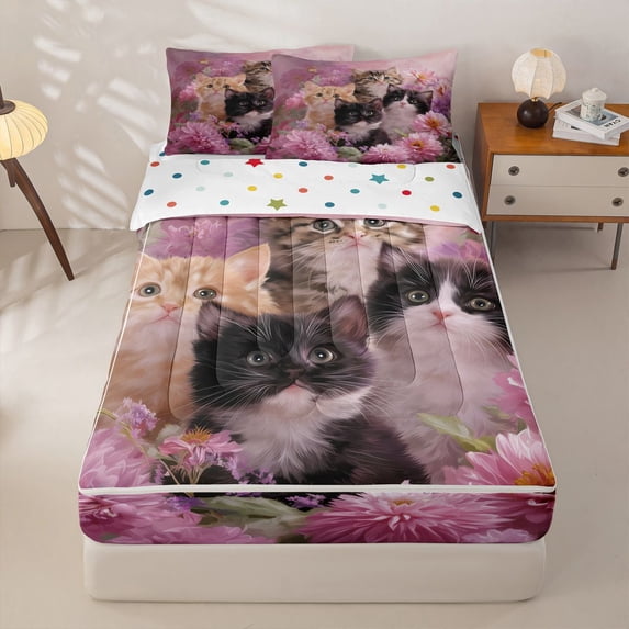 Homewish 3D Cat Print Zipper Full Size Comforter Sets with Fitted Sheet and 2 Pillowcases for Kids, Pink Flower Floral Zipper Bedding Set, Polka Dots Reversible, 4pcs