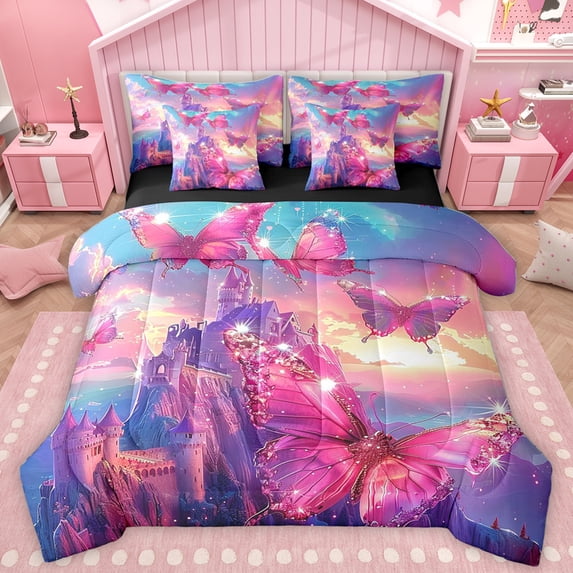 Homewish 3D Chic Butterfly 7 Pieces Bedding Comforter Set,Princess Castle Full Bedding Set,Pink Blue Fitted Sheet Flat Sheet For Girl,Breathable Home Decor Reversible