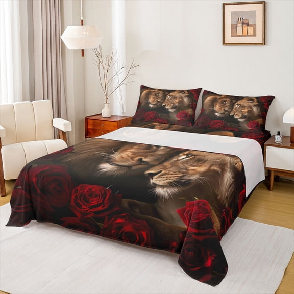 Homewish 3D Couple Lion Bed Sheets, Valentine's Day Rose King Sheets, Romantic Couple Anniversary Sheet Set, Ultra Soft Bedroom Decor, 4 Pieces