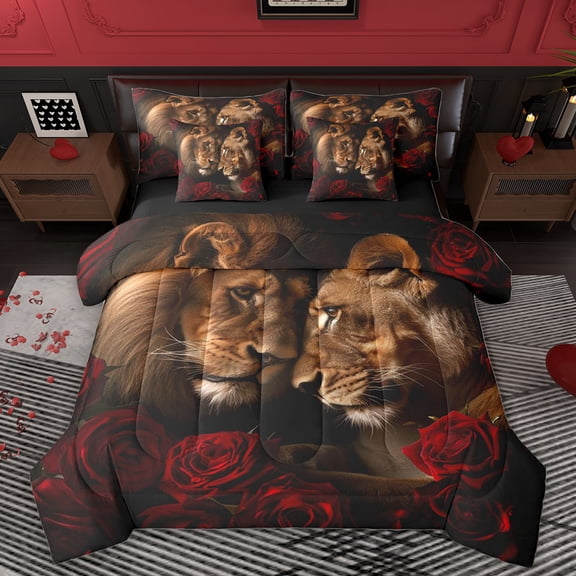 Homewish 3D Couple Lion Bedding Comforter Set, Valentine's Day Rose King Bedding Sets, Romantic Couple Anniversary Reversible Bed Sheets, Ultra Soft Bedroom Decor