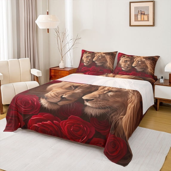Homewish 3D Couple Lion Full Size Sheets for Lover, Valentine's Day Rose Bed Sheets, Romantic Anniversary Sheet Sets, Luxury Bedroom Decor, 4 Pieces