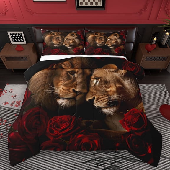 Homewish 3D Couple Lion Queen Comforter Set, Valentine's Day Rose Bedding Sets, Romantic Couple Anniversary Reversible Bedding Comforter Set, Ultra Soft Bedroom Decor, 3 Pieces