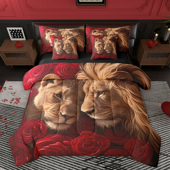 Homewish 3D Couple Lion Twin Bedding Sets 7-Piece for Lover, Valentine's Day Rose Bedding Comforter Set, Romantic Anniversary Reversible Sheet Sets, Luxury Bedroom Decor