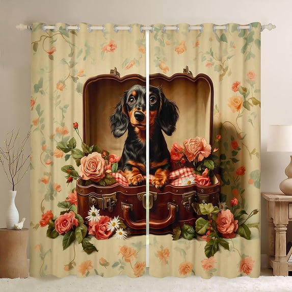 Homewish 3D Dachshund Teens Blackout Curtains Set of 2 (52x84 Each), Vintage French Rose Floral Window Curtains, Old Fashion Curtains and Drapes, Blackout Curtains Room Decor