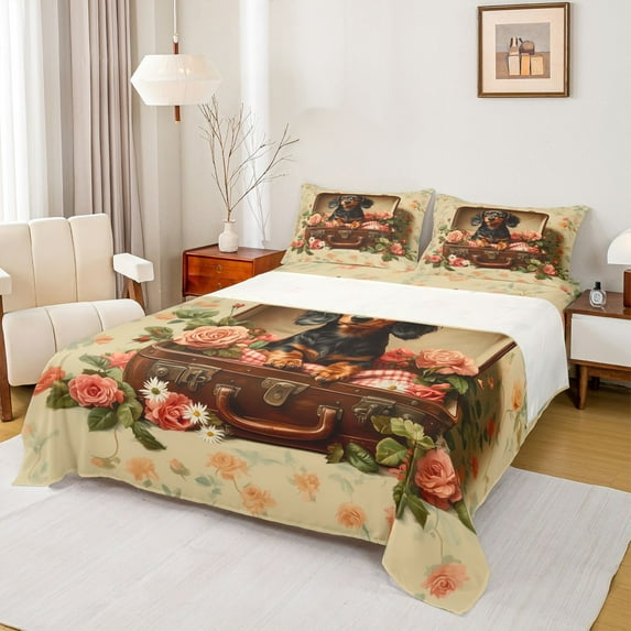 Homewish 3D Dachshund Teens Twin Sheet Sets, Vintage French Rose Floral Twin Fitted Sheet, Old Fashion Flat Sheet, Lightweight Room Decor, 3-Piece