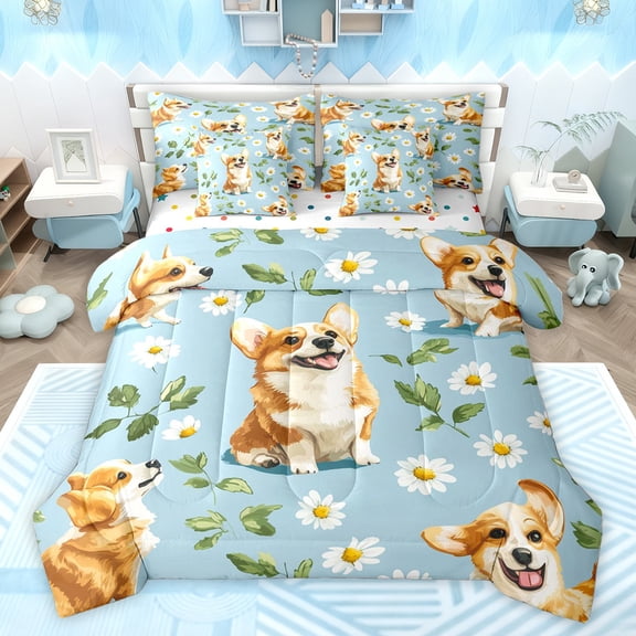 Homewish 3D Dalmatian Dog Twin Bedding Sets 7-Piece, Rustic Groovy Flower Floral Bedding Comforter Set, Cartoon Animal Theme Reversible Sheet Sets, Lightweight Room Decor