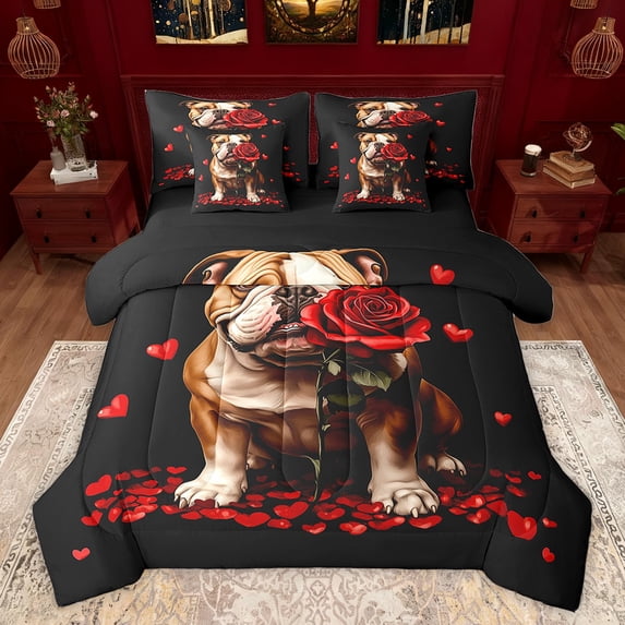 Homewish Cute Dog Animal Bedding Comforter Set 7pcs, Romantic Red Rose King Bedding Sets