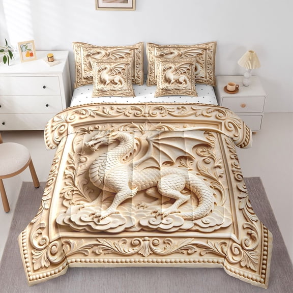 Homewish 3D Dragon Print 7 Pieces Full Size Bedding Sets,Magical Wildlife Full Size Bed in a Bag,Cream,Reversible