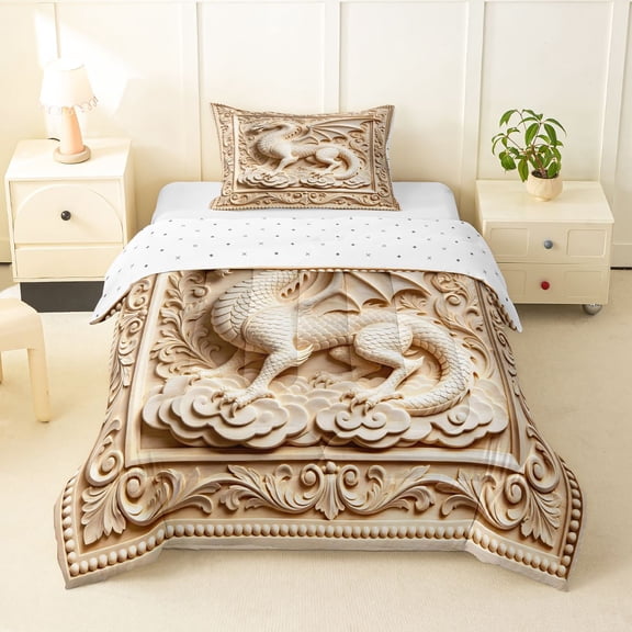 Homewish 3D Dragon Print Twin Comforter Sets,Magical Wildlife Bedding Set,Cream,Reversible,2 Pieces,1 Comforter and 1 Pillowcase