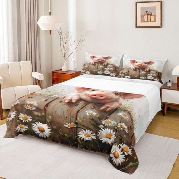 Homewish 3D Farm Pig Bed Sheets for Kids, Vibrant Groovy Flower Floral King Sheets, Western Lake House Sheet Set, Super Cozy Room Decor, 4-Piece