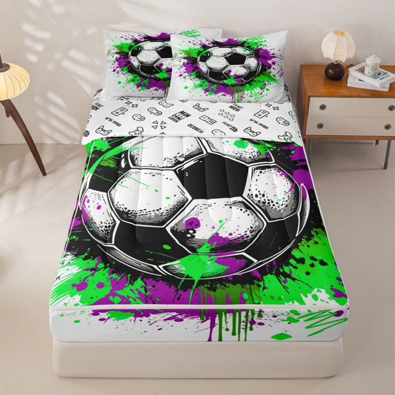 Homewish 3D Football Soccer Print Zipper Twin Comforter Sets with Fitted Sheet and 2 Pillowcases For Kids,Ball Games Sport Theme Zipper Bedding Set,Reversible,4-Piece