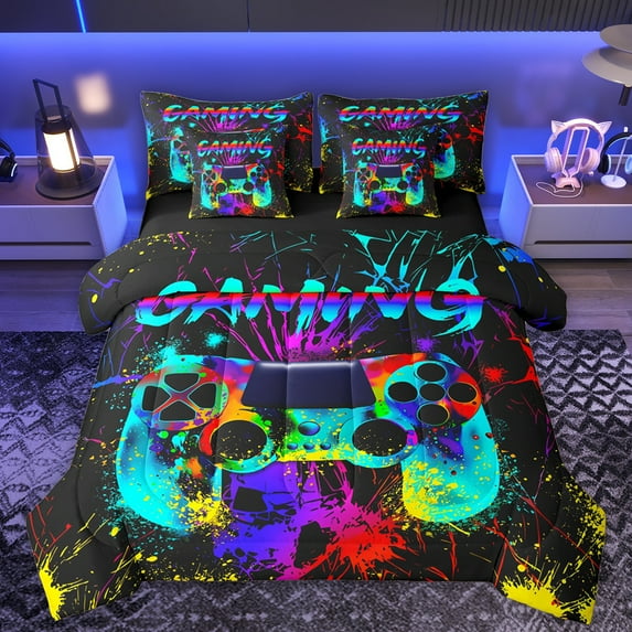 Homewish 3D Game Console Bedding Comforter Set 7 Pieces for Teen, Gaming Gamer Full Bedding Set, Splash Watercolor Artwork Reversible Fitted Sheet Flat Sheet, Lightweight Room Decor