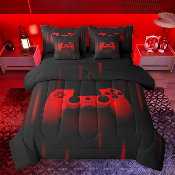 Homewish 3D Game Console Bedding Comforter Set 7pcs for Boys, Neon Red Gamepad Queen Bedding Sets, Modern Video Game Player Reversible Queen Sheet Sets, Super Cozy Room Decor
