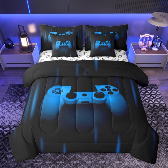 Homewish 3D Game Console Twin Bedding Sets 7-Piece for Boys, Neon Blue Gamepad Bedding Comforter Set, Modern Video Game Player Reversible Sheet Sets, Breathable Home Decor