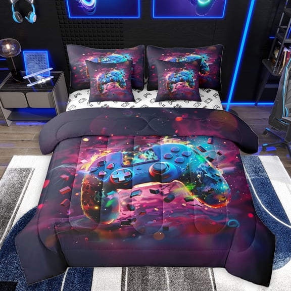 Homewish 3D Game Console Twin Bedding Sets 7-Piece for Kids, Futuristic Gamepad Bedding Comforter Set, Artwork Watercolor Reversible Sheet Sets, Breathable Home Decor