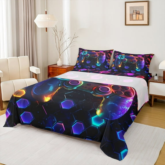 Homewish 3D Gamepad Gaming Bed Sheets for Kids, Mystic Stars Galaxy King Sheets, Neon Colorful Honeycomb Sheet Set, Breathable Home Decor, 4pcs