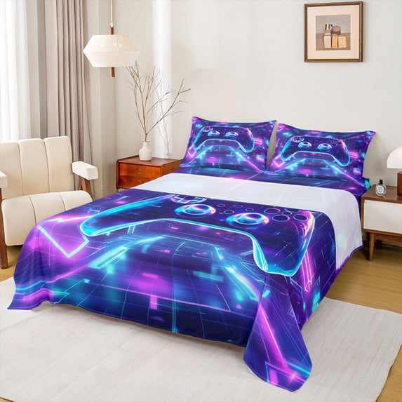Homewish 3D Gamepad Player Full Size Sheets for Boy, Futuristic Glitter Stripes Bed Sheets, Video Game Lover Sheet Sets, Super Cozy Room Decor, 4pcs