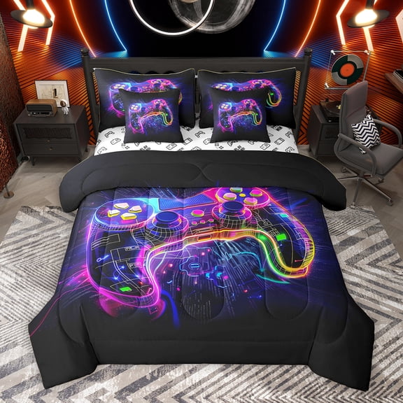 Homewish 3D Gamepad Player Twin Bedding Sets 7-Piece for Boy, Futuristic Glitter Stripes Bedding Comforter Set, Video Game Lover Reversible Sheet Sets, Ultra Soft Bedroom Decor