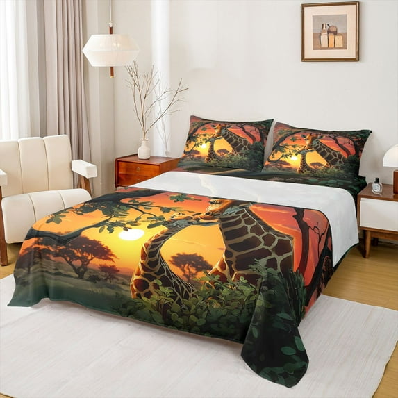 Homewish 3D Giraffe Family Queen Sheet Sets for Teens, Kawaii Wildlife Animal Flat Sheet, Romantic Sunset Queen Fitted Sheet, Ultra Soft Bedroom Decor, 4 Pieces