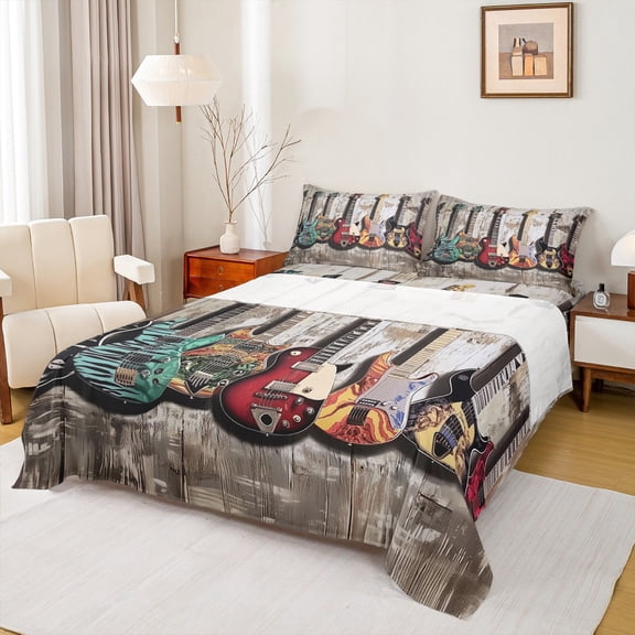 Homewish 3D Guitar Queen Sheet Sets for Men, Musical Instruments Flat Sheet, Rock and Roll Music Queen Fitted Sheet, Breathable Home Decor, 4 Pieces