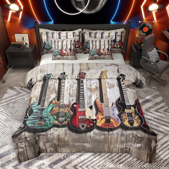 Homewish 3D Guitar Twin Bedding Sets 7-Piece for Men, Musical Instruments Bedding Comforter Set, Rock and Roll Music Reversible Sheet Sets, Breathable Home Decor