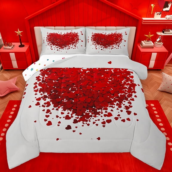 Homewish 3D Heart Print Queen Comforter Set,Romantic Valentines Day Bedding Sets,Red White Bedding Comforter Set For Men Women,Ultra Soft Home Decor Reversible,3pcs