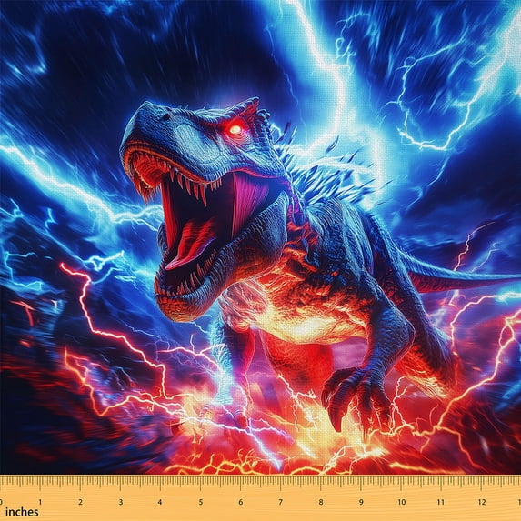 Homewish 3D Horror Dinosaur Fabric by the Yard 1 Yard for Kid, Neon Blue Lightning Room Decor Fabric by the Yard, Western Animal Sewing Fabric, Breathable Home Decor