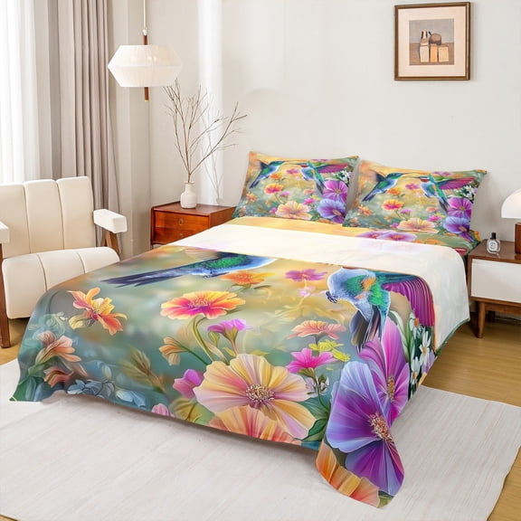 Homewish 3D Hummingbird Women Bed Sheets, Vintage Flower Floral King Sheets, Kawaii Jungle Bird Sheet Set, Breathable Home Decor, 4 Pieces
