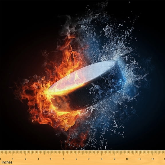 Homewish 3D Ice Hockey Fabric by the Yard 1 Yard for Teens, Fire and Water Room Decor Fabric by the Yard, Modern Sports Lover Sewing Fabric, Luxury Bedroom Decor