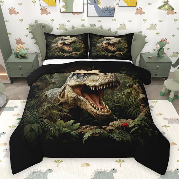 Homewish 3D Jungle Dinosaur Bedding Comforter Set, Western Wooden Wildlife Twin Comforter Sets, Teens Kids Boys Girls Reversible Bedding Set, Ultra Soft Bedroom Decor, 2 Pieces
