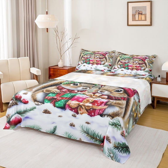 Homewish 3D Jungle Squirrel Twin Sheet Sets, Christmas Winter Gifts Twin Fitted Sheet, Kawaii Rustic Animal Flat Sheet, Super Cozy Room Decor, 3 Pieces